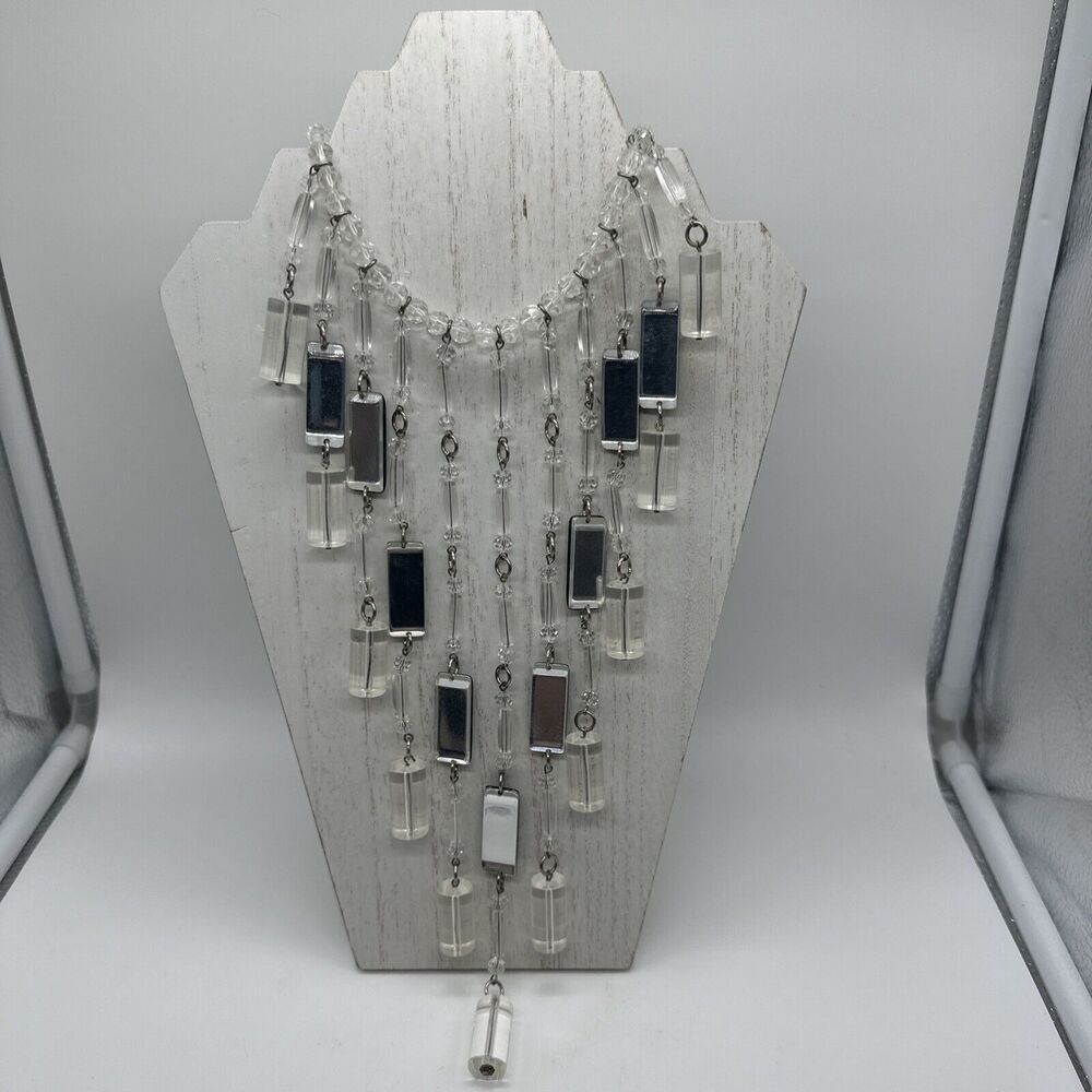 Rare HOBE Lucite Blk Clear Waterfall Bib Fringe Necklace Mirror Couture Glamour